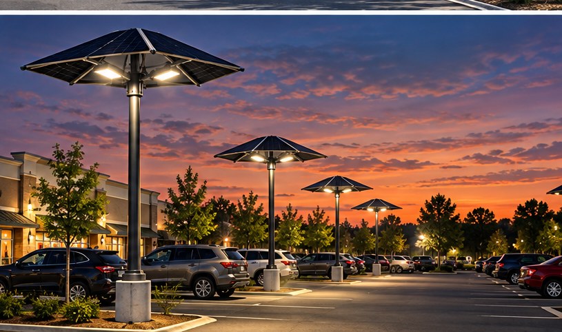 Solar parking lighting at dusk