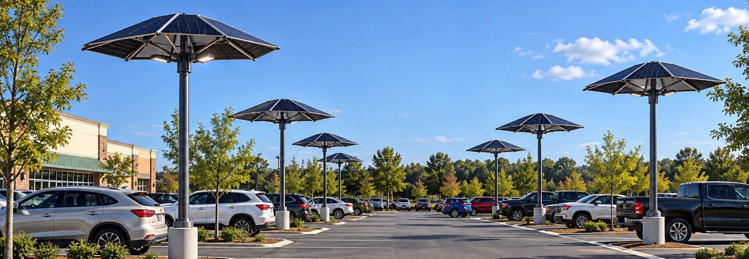 Solar umbrella lighting concept in a parking lot